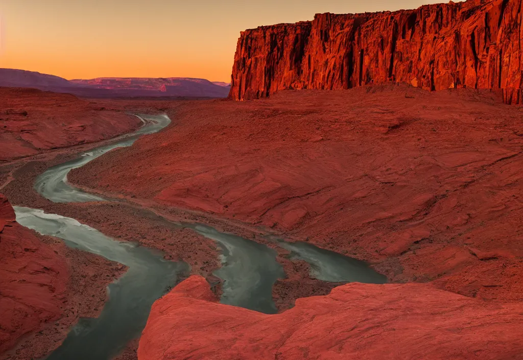 Prompt: a river bend running through a canyon surrounded by desert mountains at sunset on mars, planet mars, moab, utah, a tilt shift photo by frederic church, trending on unsplash, hudson river school, photo taken with provia, national geographic photo