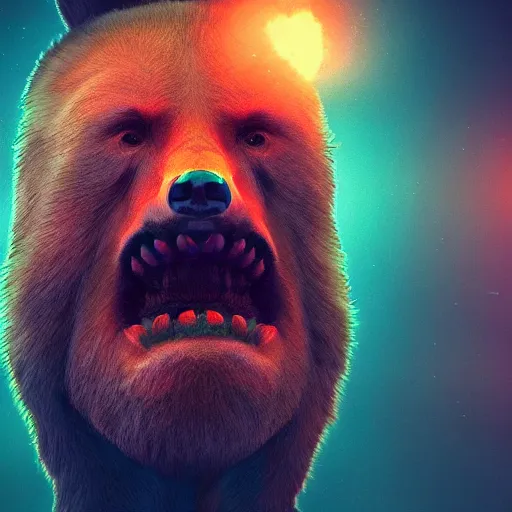Prompt: a mythical human body bear faced hybrid, concept art, portrait, epic, trending on artstation, very detailed, 4 k, hd, dramtic lighting, flowing energy, by beeple