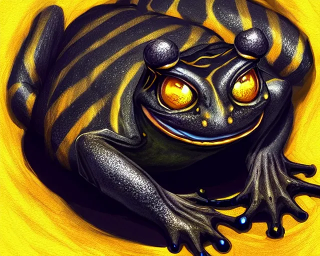 Prompt: black frog with deep big yellow eyes, deep focus, d & d, fantasy, intricate, elegant, highly detailed, digital painting, artstation, concept art, matte, sharp focus, illustration, hearthstone, art by tiger tiger tiger