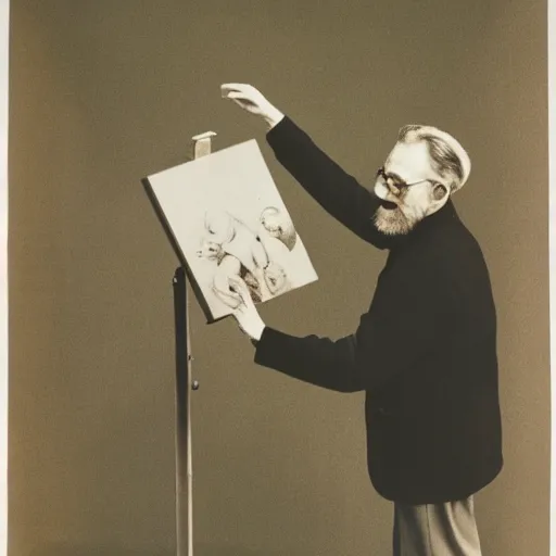 Prompt: painting of beard grandpa taking a photo to a baby girl, by lazlo moholy nagy moholy