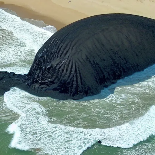 Image similar to CNN news footage taken from above. A huge creature is washed up on the beach.