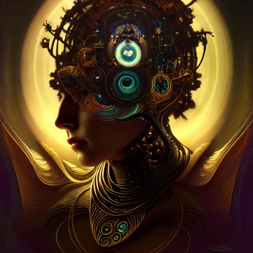 Image similar to extremely psychedelic beautiful cyborg god infected by night. intricate, elegant, highly detailed, extremely lifelike photorealistic digital painting, artstation. steichen, gaston bussiere, tom bagshaw, cyberpunk alphonse mucha. elegant minimalism. anatomically correct. sharp focus. black and gold. surreal lush cosmic hallucination