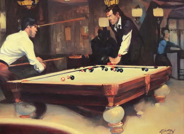 Prompt: a highly detailed beautiful portrait of batman playing pool, by gregory manchess, james gurney, james jean