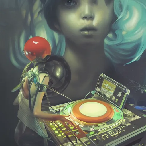 Prompt: surreal gouache painting, by yoshitaka amano, by ruan jia, by Conrad roset, by good smile company, detailed anime 3d render of transparent resin egg with a magical dragonfly inside. Surrounded by a big DJ Mixer, deck, portrait, cgsociety, artstation, rococo mechanical and Digital and electronic, dieselpunk atmosphere