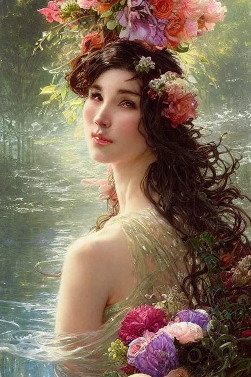 Image similar to portrait of a beautiful mysterious woman holding a large bouquet of flowing flowers, wet dripping long hair, hands disappeared under the bouquet, emerging from the water, fantasy, regal, intricate, by stanley artgerm lau, greg rutkowski, thomas kindkade, alphonse mucha, loish, norman rockwell