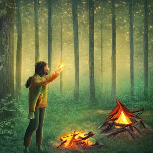 Prompt: beautiful close up, zoom up campfire in the woods at night, warmth, green screen, ( ( people ) ), ( ( person ) ), stylized, artgerm, artstation, hd, cgsociety, cgi, realistic, dramatic, cinematic, artistic, trending, detailed