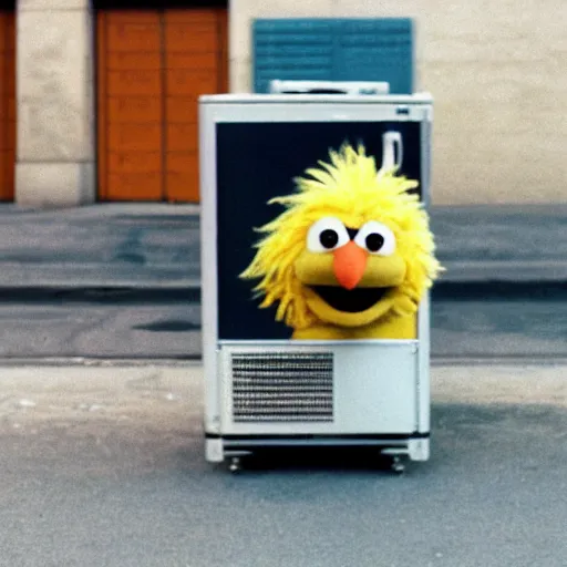 Image similar to big bird sesame street running from the police carrying a fridge
