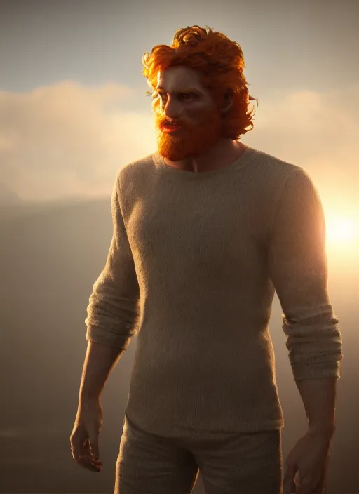 Image similar to beauteous handsome rugged sumptuous man wrapped in dna molecule, incredible ginger hair, projected ray traced oled retinal overlays, crystalline masterpiece incrustations, hyperdetailed face, elegant pose, movie still, intricate, octane render, cinematic forest lighting, cgsociety, unreal engine, crepuscular rays, god rays