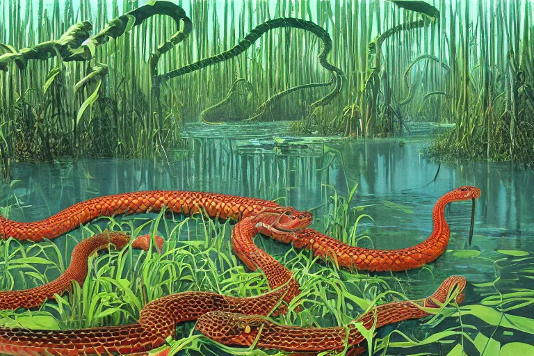 Image similar to Snake oil salesman searching the swamps of Formosa for the elusive water snake, painting by Roger Dean, painting by Naomi Okubo