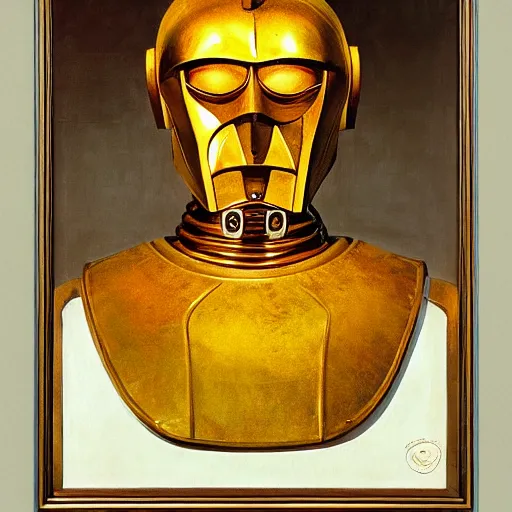 Prompt: a portrait painting of C3P0. Painted by Norman Rockwell