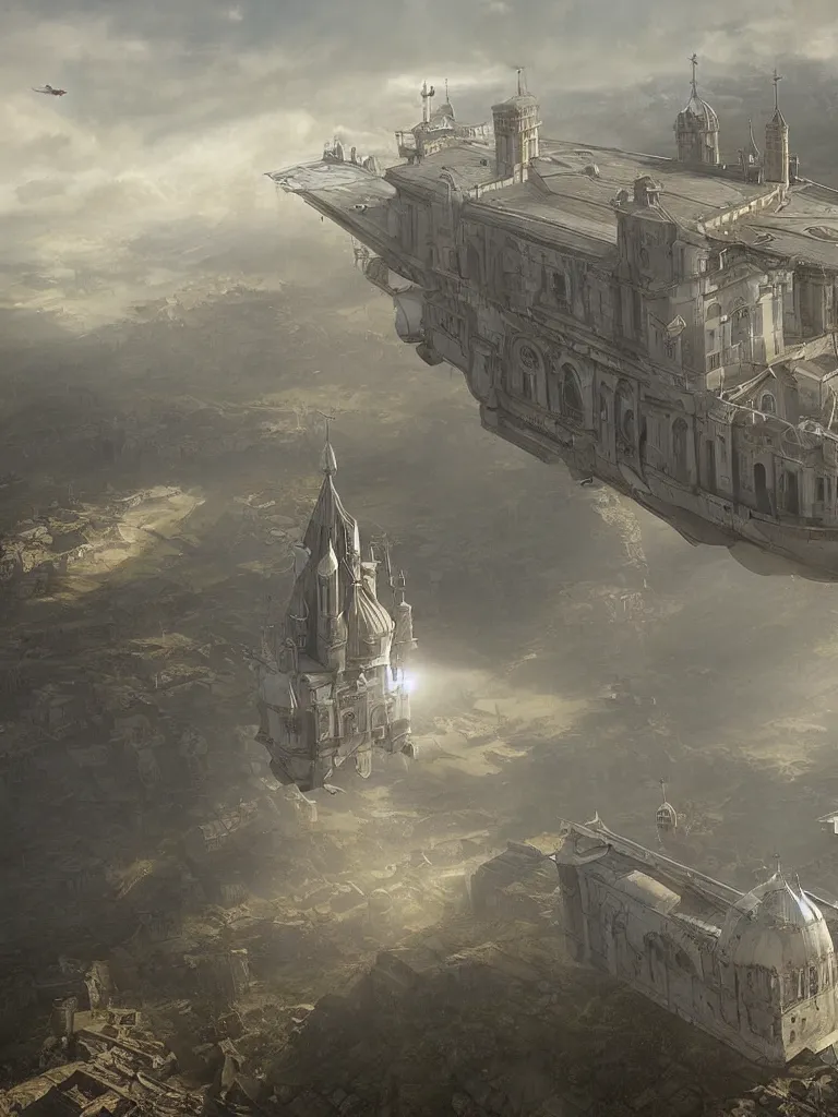 Image similar to a large dieselpunk airship is standing in the air over a splendid white church in russia, full morning sun, matte painting by greg rutkowski, markus vogt