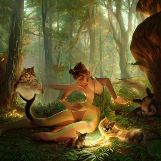 Image similar to a fairytale forest full of cats, light and shadow, by Gil Elvgren and artgerm, WLOP, Felix Kelly and Greg Rutkowski and Gerardo Dottori, high detail, precision detail