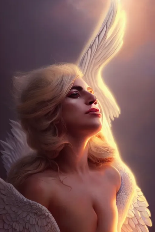 Image similar to lady gaga as a heavenly angel, anatomy, bathed in light, highly detailed, photorealistic, artstation, smooth, sharp focus, illustration, unreal engine 5, 8 k, art by artgerm and greg rutkowski and edgar maxence