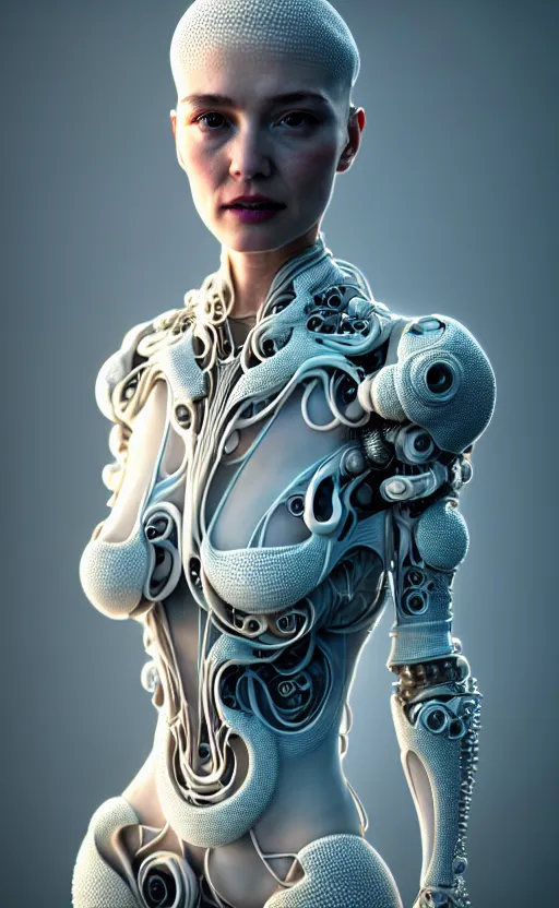 Image similar to intricate hyper detailed ultra sharp 3 d render of a beautiful smooth translucent porcelain seductive cyborg woman portrait, medium shot portrait, bright light, alexandre ferra mecha, haute couture cyberpunk art nouveau huge white fractal mycelum and fungi magnolia goliath head ornaments, big embroidered leaves filigree sinuous roots, octane render, volumetric cinematic lighting, 8 k, vray tracing