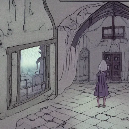 Image similar to ghost of a young girl, a burnt out church, cel shaded, studio ghibli, hayao miyazaki