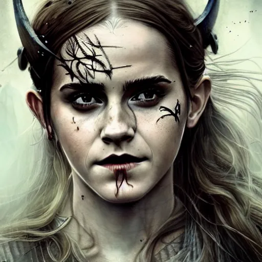 Prompt: Official photo of Emma Watson as a majestic fierce viking woman, leader, fear, scarred, highly detailed, viking attire, cinematic, 8k, 1080s, by Stanley Artgermm, Tom Bagshaw, Greg Rutkowski, Vincent di Fate, Carne Griffiths, Ayami Kojima, trending on DeviantArt, hyper detailed, full of color, digital art,