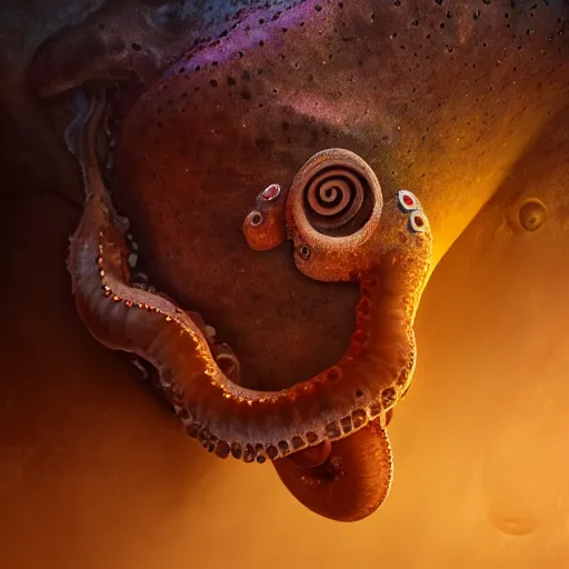 Image similar to dramatic full close - up portrait of a sad human!!! ( cephalopod ) hybrid, detailed, dimly light room, volumetric lighting,