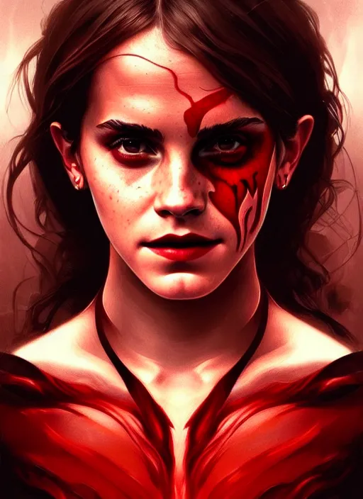 Image similar to portrait of emma watson as demon, red skin, batwings, hell, intricate, headshot, highly detailed, digital painting, artstation, concept art, sharp focus, cinematic lighting, illustration, art by artgerm and greg rutkowski, alphonse mucha, cgsociety