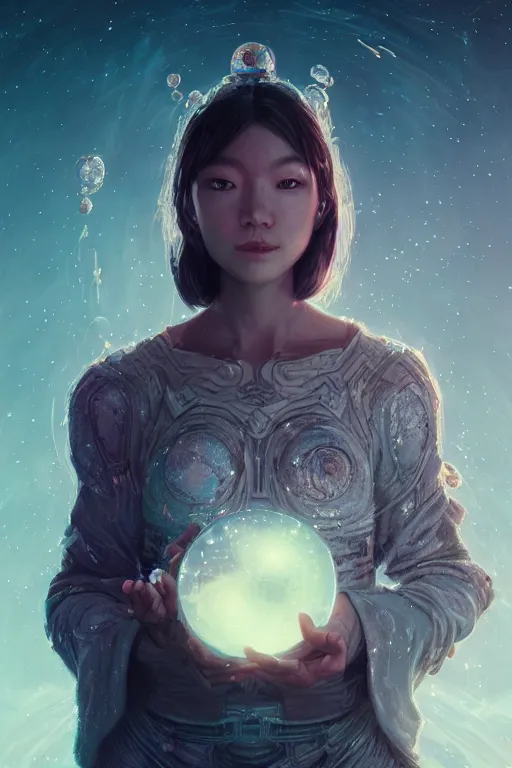 Prompt: space goddess portrait floating while holding a magical orb in her hand. sci fi, intricate artwork by Tooth Wu and wlop and beeple. octane render, trending on artstation, greg rutkowski very coherent symmetrical artwork. cinematic, hyper realism, high detail, octane render, 8k