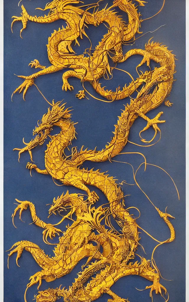 Image similar to a poster in the style of polish school of posters jan lenica for'the curator'- a matte painting depicting a golden dragon