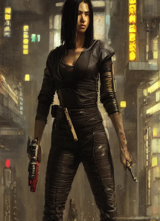 Image similar to katana. cyberpunk mercenary in a cyberpunk jumpsuit ( blade runner 2 0 4 9, cyberpunk 2 0 7 7 ). orientalist portrait by john william waterhouse and james gurney and theodore ralli and nasreddine dinet, oil on canvas. cinematic, hyper realism, realistic proportions, dramatic lighting, high detail 4 k