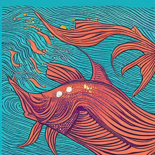 Prompt: one highly stylized fish in the ocean, viewed in profile, seaweed, background with complex patterns, sparkles, artstation, intricate, highly detailed, digital painting, concept art, sharp focus, illustration by tom whalen and charles williams and kilian eng and james jean