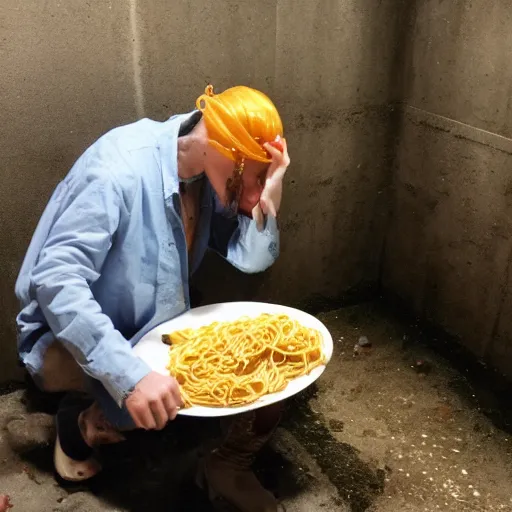 Image similar to The Impostor from Among Us eating Pasta in the sewers.