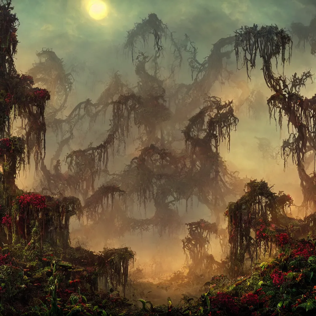 Image similar to An incredibly beautiful but ominous matte painting depicting a profusion of evil carnivorous vines and colorful flowers and lush exotic trees and bloated toadstools, with horrifying huge burning eyes and jagged bloody teeth, overgrowing a desolate ruins submerged in fog beneath the setting sun, nvidia, vray, evening, epic scale