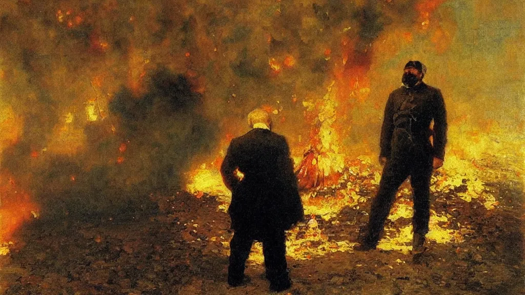 Image similar to high quality high detail painting by ilya repin, man standing in front of huge explosion, hd