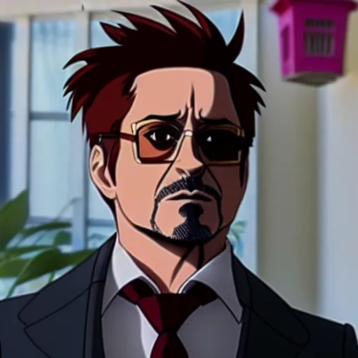 Image similar to robert downey jr as anime character, kyoto animation, magical