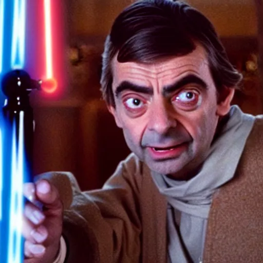 Image similar to Still of Mr. Bean as jedi master Obiwan kenobi!!!!. in Star Wars (1977). detailed eyes. medium shot, technicolor. light saber