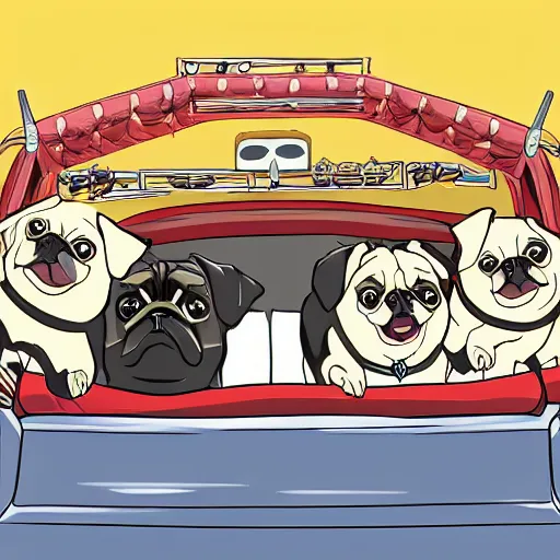 Image similar to important president pug dog in a convertible parade, expensive suits, Nintendo game art, Hayao Miyazaki, intricate detail, illustration, beautiful lighting,