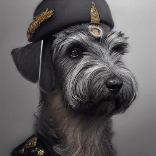 Prompt: portrait of stoic looking miniature schnauzer, military uniform, black fir, white eyebrows, fantasy, intricate, elegant, highly detailed, centered, dark, smokey, charcoal painting, digital painting, artstation, concept art, smooth, sharp focus, illustration, art by artgerm and greg rutkowski and alphonse mucha