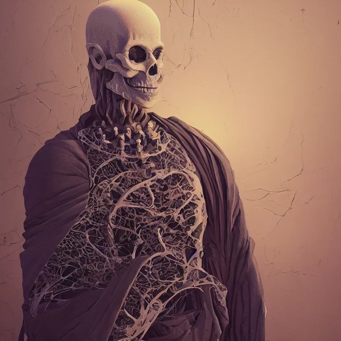 Image similar to portrait of skeleton, Buddhist Monk robe. intricate abstract. intricate artwork. by Tooth Wu, wlop, beeple, dan mumford. octane render, trending on artstation, greg rutkowski very coherent symmetrical artwork. cinematic, hyper realism, high detail, octane render, 8k, iridescent accents