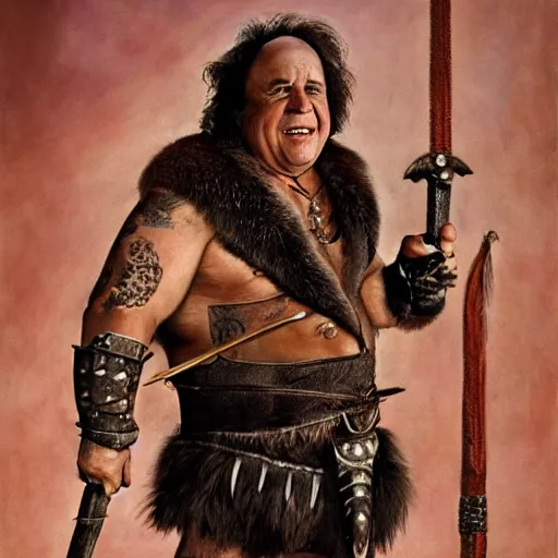 Image similar to danny devito as a barbarian warrior, full body, holding club, legendary warrior, leather straps, tattoos, piercings, fur and leather armor, beautiful, sharp detail, photo realism, robin eley, oil painting