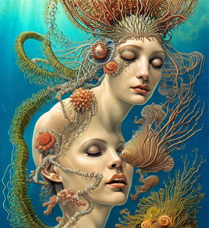 Prompt: realistic detailed underwater portrait of the goddess of the fish of the three times with an intricate headdress of corals, sea kelp, sea plants, fish, jellyfish, art by boris vallejo and ernst haeckel, face in focus in the middle, neo - gothic, gothic,