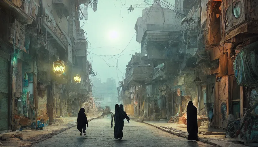 Prompt: old jeddah city stree, roshan, shops, a big magical glowing time portal, a nomad wearing a worn out coat, plants, old tree, kids, dramatic lighting fantasy, sci fi, by caspar david friedrich by beeple and james gilleard and justin gerard, centered, artstation, smooth, sharp focus, photoreal octane render, by jean baptiste monge