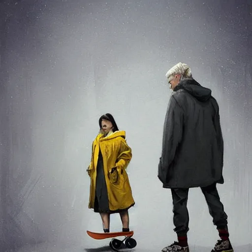 Image similar to a highly detailed epic cinematic concept art CG render digital painting artwork costume design: a girl in a 1950s extremely oversized hoodie and giant 1950s man's coat, with a skateboard. all in grey and yellow. By Greg Rutkowski, Ilya Kuvshinov, WLOP, Stanley Artgerm Lau, Ruan Jia and Fenghua Zhong, trending on ArtStation, made in Maya, Blender and Photoshop, octane render, excellent composition, cinematic atmosphere, dynamic dramatic cinematic lighting, aesthetic, very inspirational, arthouse