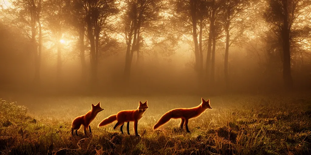 Prompt: family of foxes nearIdyllic pond, meadow, forest trail, blanket of fog, rain, volumetric lighting, beautiful, golden hour, sharp focus, ultra detailed, cgsociety