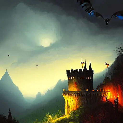 Image similar to Dracula's castle, dark mountains, night, bats in sky, by Andreas Rocha