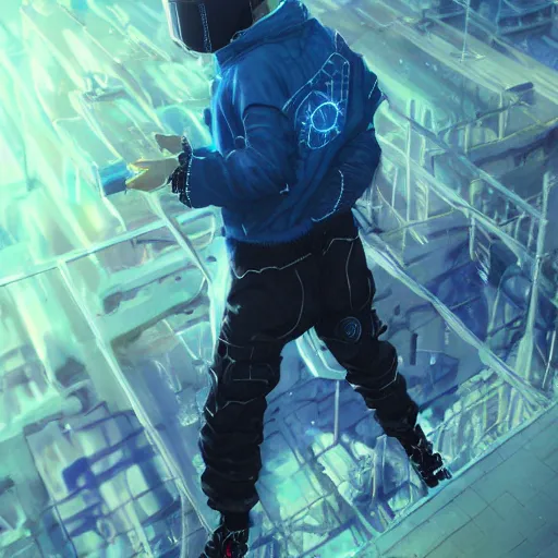 Image similar to killua zoldyck, edgy streetwear, techwear, cyberpunk style outfit, scifi, blue side lighting, detailed portrait, intricate complexity, by greg rutkowski, ross tran, conrad roset, takato yomamoto, ilya kuvshinov. 4 k, beautiful, aesthetic octane render, cinematic dramatic atmosphere