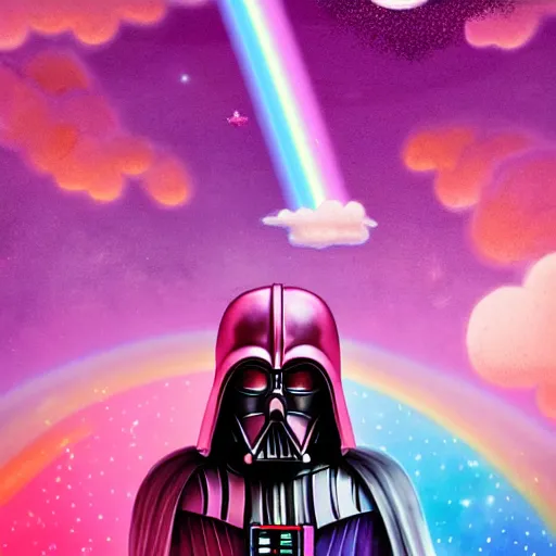 Image similar to beautiful matte painting, rainbow colored pink pink darth vader wearing pink wearing pink, riding a unicorn, riding a unicorn, riding a unicorn with one horn, over a glittering rainbow, in psychedelic space, by lisa frank and dan mumford, octane render, HDR, vivid color, volumetric lighting, unreal engine, concept art, CGsociety, trending on artstation
