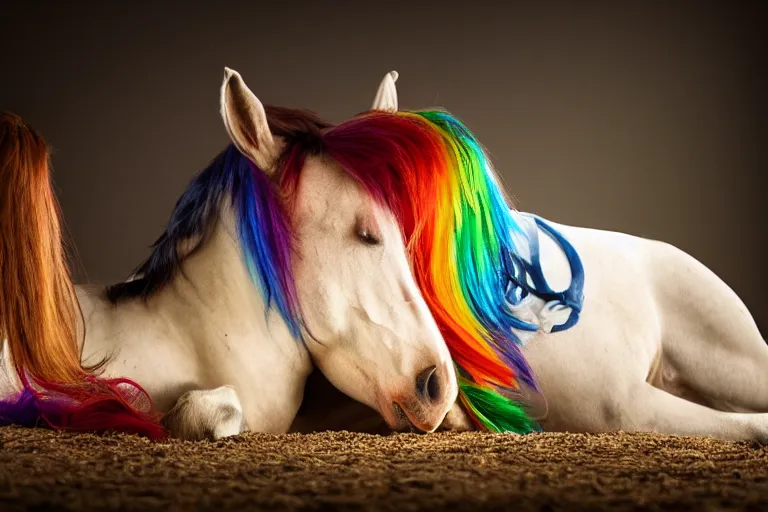 Prompt: Rainbow_Dash, Horse laying down, Professional equine photography with mood lighting, Equestria