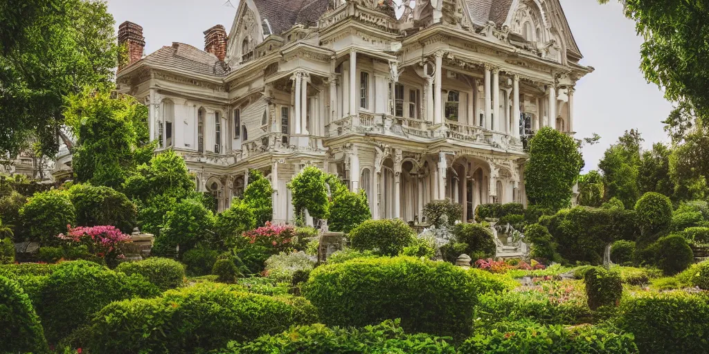 Image similar to a highly detailed photograph of a house from the 1880s surrounded by beautiful gardens, view from ground level, elegant, ornate, daytime, beautifully lit scene