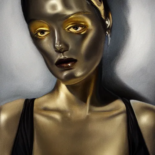 Prompt: award - winning painting, gold and silver shapes, elegant, luxurious, beautiful, lovecraftian, beksinksi, chiaroscuro, close - up portrait shot