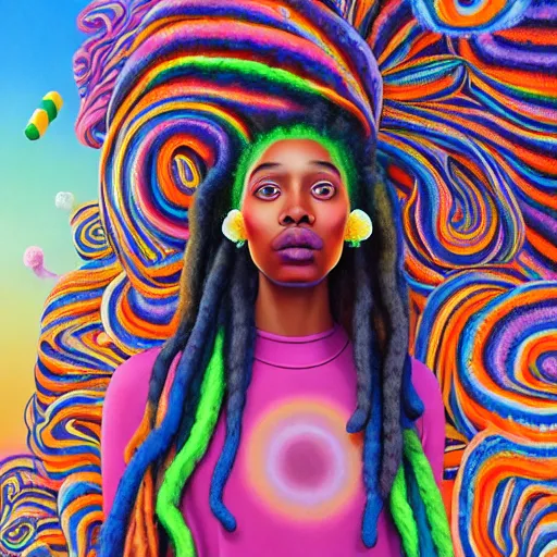 Image similar to a wide angle shot of a black girl with colorful dreadlocks in a field of candy, by Adi granov and afarin sajedi and amanda sage and evgeni gordiets and Agostino Arrivabene and adonna khare in a psychedelic portrait style, ultrarealistic matte painting, volumetric lighting, fractal, extremely symmetrical, highly detailed face, orisha, 8k, hd