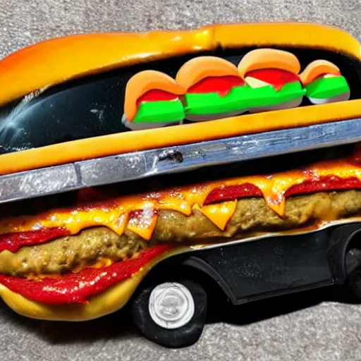 Prompt: a cheeseburger car automobile with burger wheels and melted cheese over the windshield, highly detailed stage photography of food