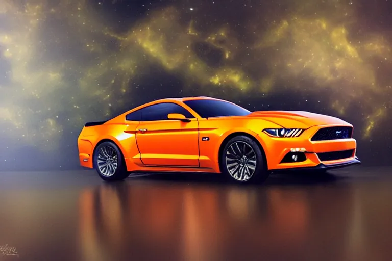 Image similar to a photo hyperrealistic spaceship flying in universe made out of bright orange Ford Mustang