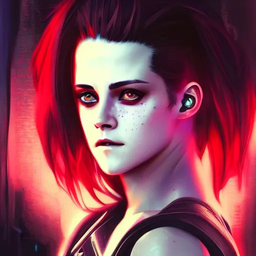 Prompt: Portrait of a cyberpunk Kristen Stewart, digital art from artstation by Ikeuchi and artgerm and james jean and greg rutkowski and alphonse mucha, red LED lights, extremely beautiful and proportionate face, sharp focus, hyper detailled