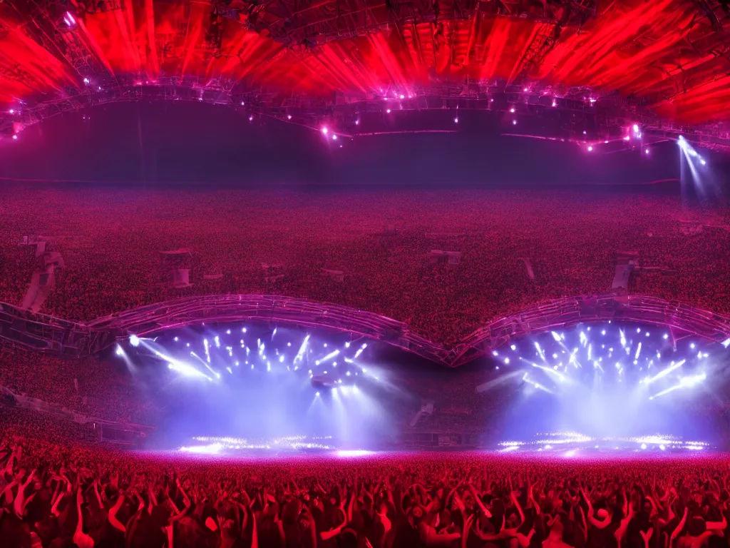 Image similar to a large concert stadium in hell, high contrast, stage lighting, pyrotechnics, ghibli animated film, volumetric lighting, octane render,